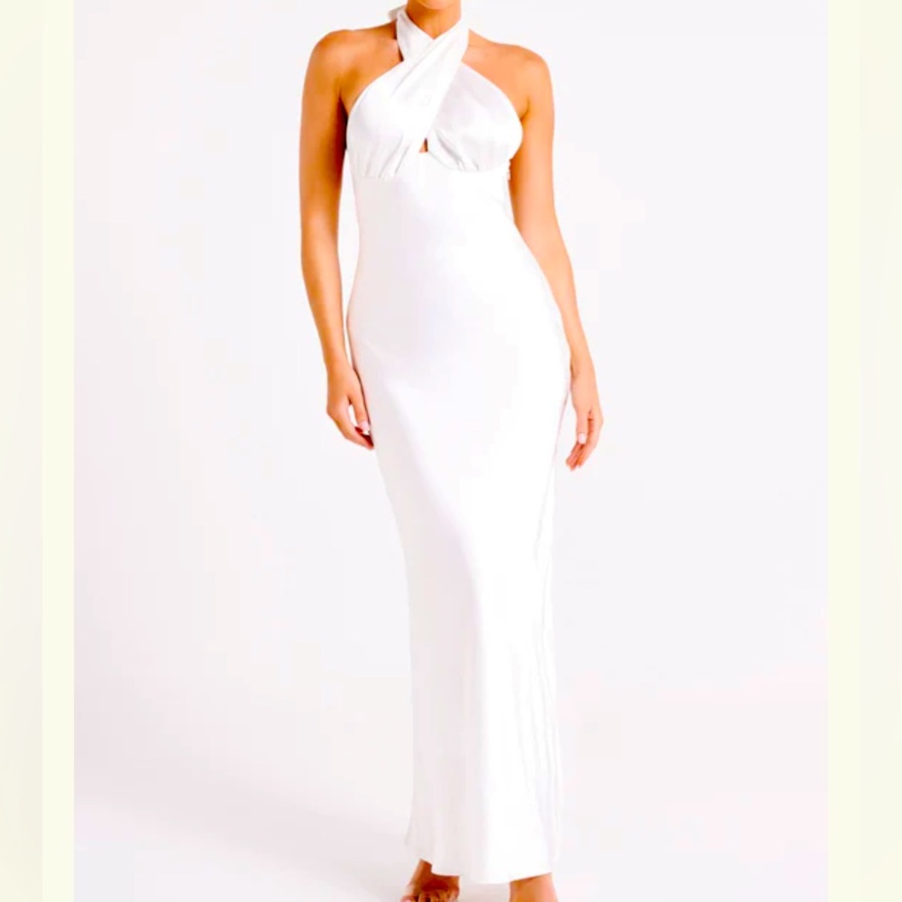 Meshki Marvelle Satin Halter Maxi Dress White ivory cross front bridal wedding S